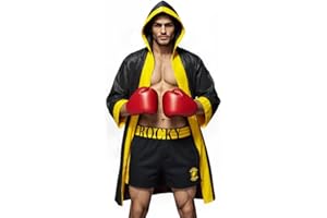 COSMAKER Adult Satin Mens American Flag Boxing Costume Balboa Boxer US Stars and Stripes Hooded Robe with Shorts