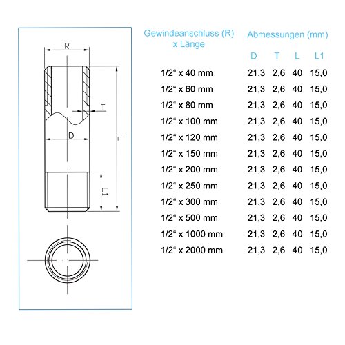 Stabilo-Sanitaer Rohrdoppelnippel 1/ 2 Zoll 21,3 x 500 mm DN15 Rohrnippel verzinkt Langnippel Gewindenippel Doppelnippel Nippel Gewinderohr - 5