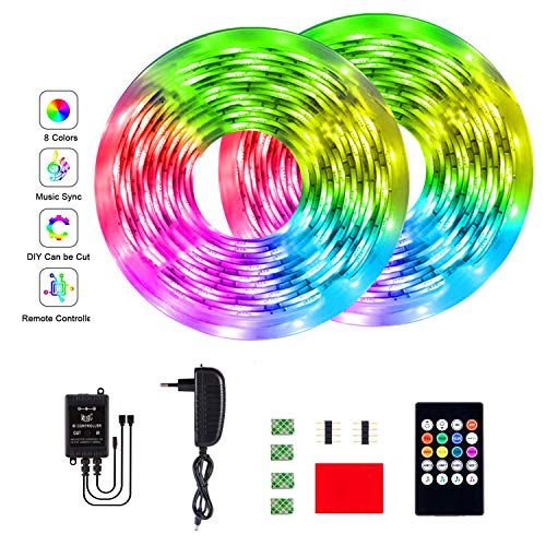GUSODOR LED Streifen 10m RGB SMD 2835 LED Bänder Farbwechsel Selbstklebend Licht mit 20-Tasten IR Fernbedienung für Deko Weihnachten Halloween Party Geschenk