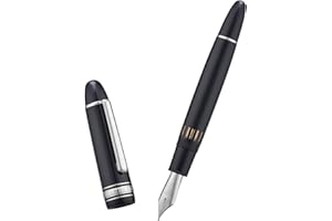 Wikult Yongsheng Junlai 930 - Pluma estilográfica acrílica, punta ancha tamaño 9 con sistema de llenado de pistón, tanque de tinta de valla negra piano con diseño de forma de torpedo (Borde Plateado)