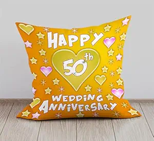 DreamVio Happy 50th Anniversary Cushion, Gift Cushion for Husband, Wife,Couples, Friends on Birthdays & Anniversaries Color : Golden (12 x 12 inch)