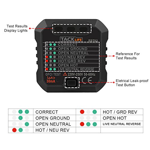Tacklife -EST02 Advanced Steckdosen Tester Automatischer Stromkreis-Detektor Polaritätsprüfer für Leiter, Neutralleiter und Erde Tester, 1 Stück - 3