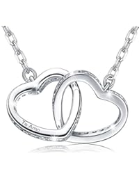 MARENJA-Regalos Navidad Collar Mujer de Moda-Colgante Doble Corazón Grabado "Te amo"-Joya Chapada en Oro Blanco con Cristal