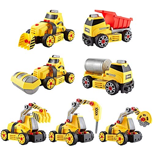 ThinkGizmos Set de Jeux de Construction à Démonter 7 en 1 pour Garçon et Fille - Véhicules de Chantier avec Lumières et Sons - 7 Modèles Jouet Enfant à Assembler avec Perceuse Jouet Incluse - TG803