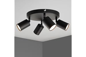 TaFiCo Black 4 Way Ceiling Light Fixture Rotatable - Round Ceiling Spotlight - Spot Lights Ceiling with GU10 Base - Bulbs Not Included