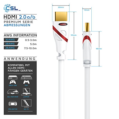 5m – Ultra HD 4k HDMI Kabel – High Speed with Ethernet – Kabel 3 fach geschirmt / inkl. Stecker- und Kontaktschirmung – 4K Ultra HD 2160p bei 60 Hz / Full HD 1080p – 3D / ARC / CEC – weiß - 4