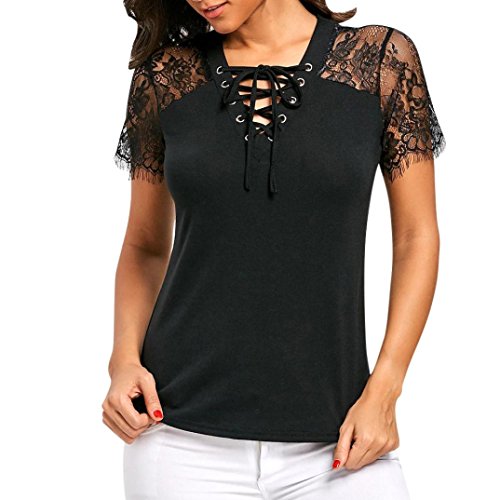 Preisvergleich Produktbild Damen Bekleidung DOLDOA Frauen Elegante Frühling Spitze Spleißen Oberteile Slim Hemd Bluse Casual Tops Kurzarm Solide O-Ausschnitt Trägerloser T-Shirt Mode Frühjahr-Sommer Blusen Schöne Pullover Sweatshirt (EU:46, Schwarz - 3)