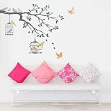 Decowall DW-1510 Vögel auf Baumzweig mit Vogelkäfigen Wandsticker Wandaufkleber Wandtattoo Kinderzimmer (Grau) - 3