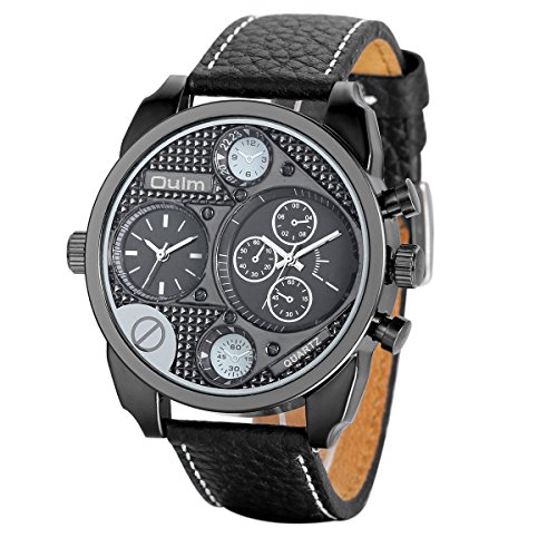 Regalo de papá Día del padre Jewelrywe Reloj de pulsera Reloj de los hombres correa de cuero Negro Sporto 2 zonas de horario