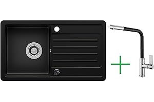 ‎LINDBERGH SPÜLEN Rein Schwarz LINDBERGH® Granit Spüle "VEL44 + 1-Deco" + Siphon Einbauspüle Küchenspüle Spülbecken + DREHEXCENTER - Verbundstoffe MADE IN GERMANY (2. Spüle VEL44 + Armatur 1-Deco)