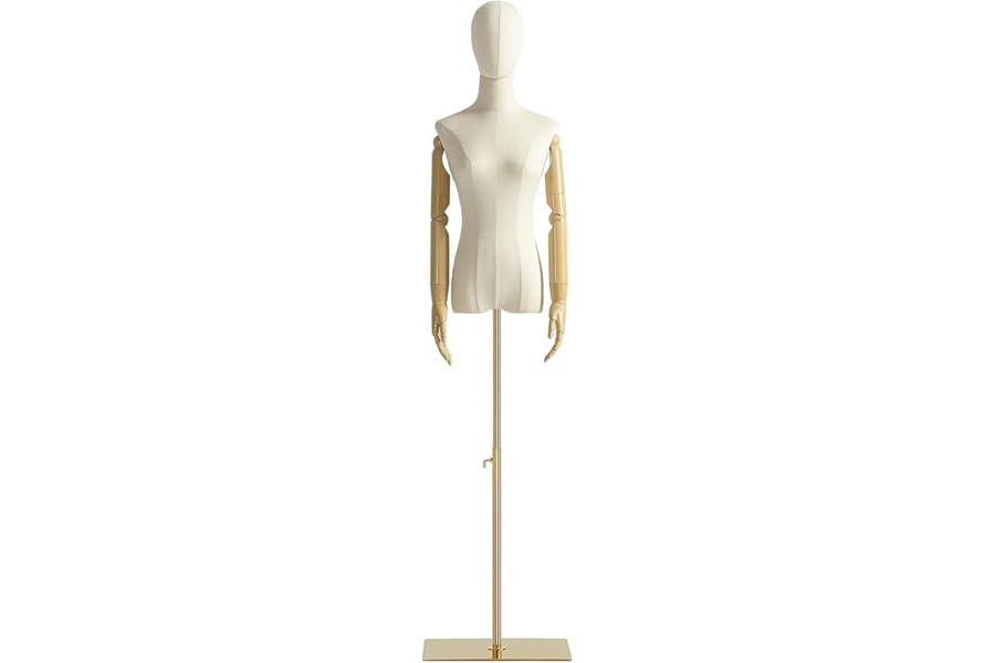 Female Mannequin Dress Shape Torso Display Mannequin Body with Removable Head, Wooden Hands and Gold Adjustable 140 cm - 200 cm Height Standing, for Dress Jewellery Display, Beige