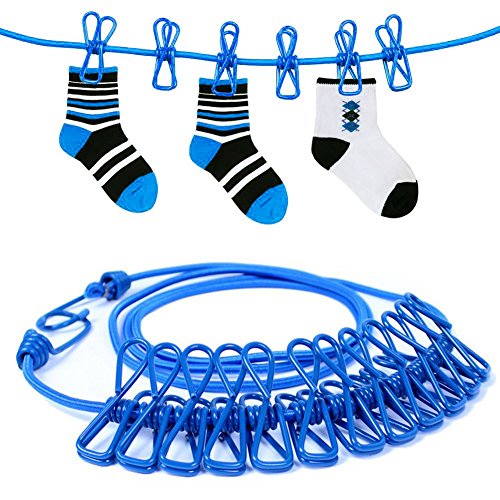 Pasway 2 Set Winddichte Tragbare Reise Outdoor Wäscheleine mit 12 Clips, Blau - 4