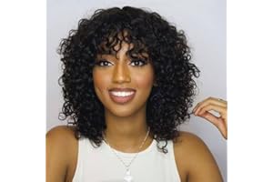 Rebasar Perruque Bresilienne Cheveux Humain avec Frange Curly Perruque Sans Colle Bouclée Perruque Femme Courte Noir Naturel No lace Bob Wig Human Hair with Bangs