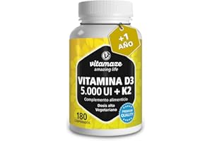 VITAMAZE - AMAZING LIFE Vitamina D3 y K2 Alta Dosis (5000 UI Vitamina D3 + Vitamina K2 100 Mcg) - Sistema Inmunológico y Óseo - 180 Comprimidos Alta Biodisponibilidad, Calidad Alemana. Vitamaze®