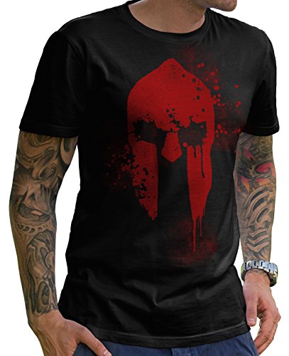 Stylotex Herren T-Shirt Spartan Helmet mit Hochwertigem Print in Aufwendiger Handarbeit I Cooles Herren T Shirt Basic Schwarz Baumwolle L I Rundhals Kurzarm Regular Fit I Trendige Herrenmode