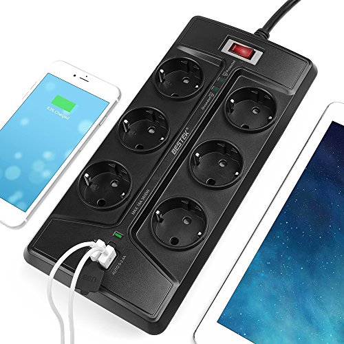 BESTEK 6 Fach schaltbare Steckdosenleiste mit USB(Smart IC), Steckerleiste Wandmontage hat 1500J Überspannungsschutz, 90 Grad gedreht, großer Buchsenabstand, Schwarz - 5