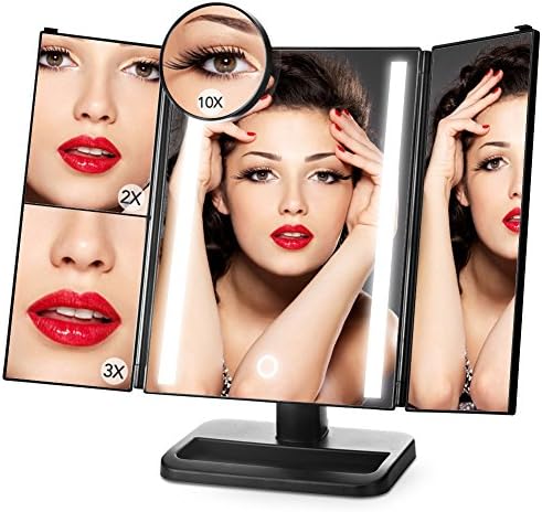 Tri-fold Makeup Mirror, ACOCO Lighted Vanity Mirror with 24 LED Lights, Illuminated Cosmetic Mirror with 1x/2x/3x/10x Magnification, Touch Screen, USB Power Kabel or 4 AA Batteries Powered (Black)