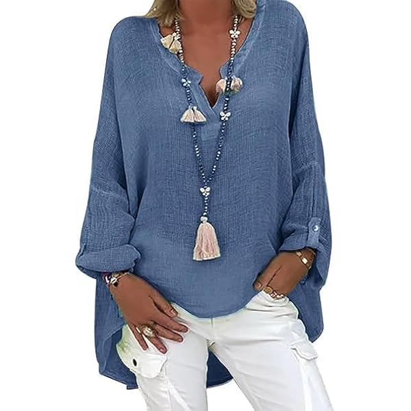 Chemise Lin Coton Femme - Col V - Manches Longues - Taille Grande - Lâche Et Respirante - Zeiayuas
