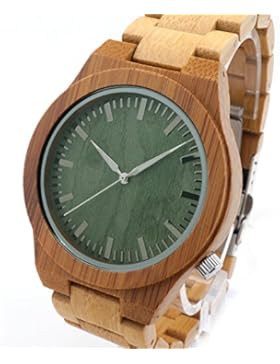 FunkyTop Herren Holzuhr Bambus Woden Armbanduhr Grüne Zifferblatt Quarz Analog Miyota Bewegung Armbanduhr, Geschenkbox