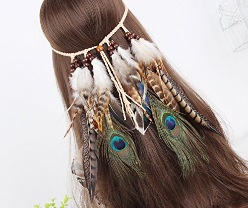 TININNA Damen Stirnbänder Frauen Feder Quasten Gürtel Stirnband Haarband Haarschmuck Kopfschmuck Haar Hippie Boho Federn Mit Holzperle Haarschmuck Haarbänder - 3