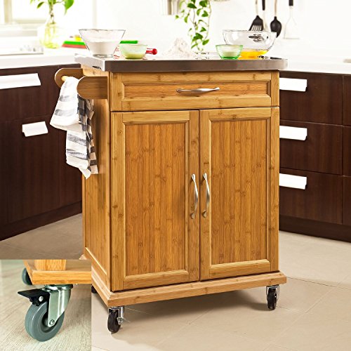 SoBuy® Luxus-Küchenwagen aus hochwertigem Bambus mit Edelstahltop, Küchenschrank, Kücheninsel B66xT46XH90cm FKW13-N