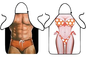 VIPbuy Juego de 2 delantales novedosos con músculos 3D para hombre y bikini, delantales de cocina divertidos, impermeables, sexy, delantales de cocina ajustables para parejas, regalos de barbacoa,