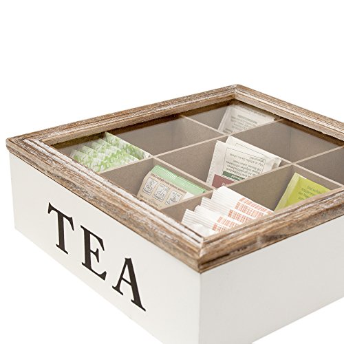 ToCi Teebox Holz Weiß mit 9 Fächern | Quadratische Teekiste Teedose Teebeutel Box Aufbewahrung | 24 x 24 x 8 cm (LxBxH) | „Tea Box“ im Vintage Look - 2