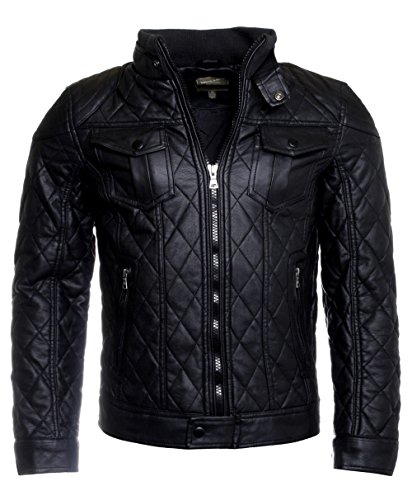 Young & Rich Herren Kunstlederjacke bergangsjacke Stepp Jacke schwarz Slimfit leicht gefttert Biker Look, Grsse:S