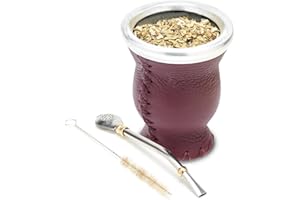 BALIBETOV Nouveau Mate Argentino - Ensemble de Maté recouvert de Cuir (Tasse à maté - Mate Gourde) - Alternative idéale au Maté de calbaza - avec Bombilla (Sorbet) pour Yerba Mate (BOURGOGNE)