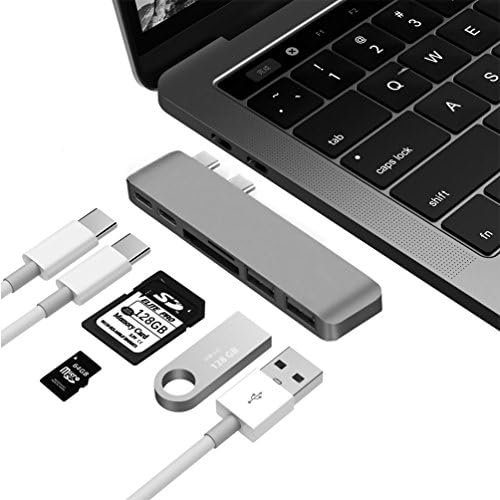 Aluminum Slim Type-C 6 in 1 Multi-Port Hub Adapter for 2016/2017 MacBook Pro 13" and 15" with Thunderbolt 3, Pass-Through Charging, 2 USB 3.0 Ports and SD + Micro Card Reader (Sky Gray)