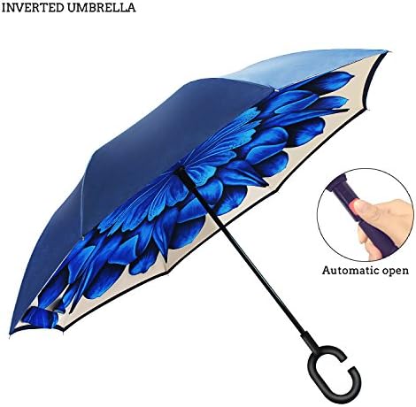 Inverted Umbrella Automatic Windproof For Car By AmbrellaOK Double Layer - C-Shaped Hands Free Handle - Inverted Upward Folding Design โ Ideal Gift Men & Women (AOblue flower)
