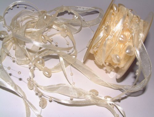 Dekoband creme Hochzeit 5m Organzaband Satinband Herzen Perlen