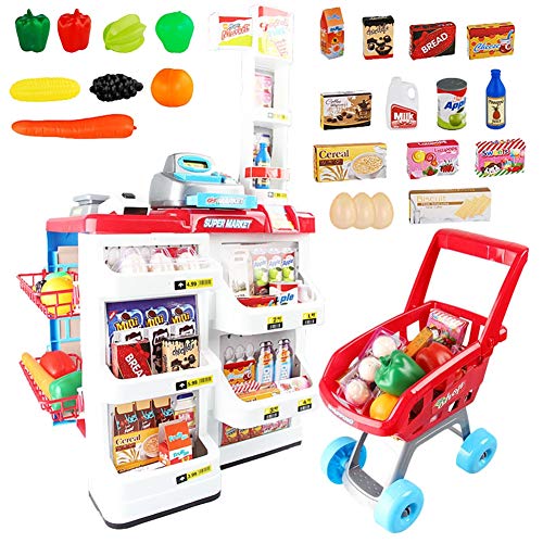 DQQ 32 Piece Cash Supermarket Playset with Working Scanner Register Shopping Cart Play Money Pretend Play Set Toys Accessories for Kids