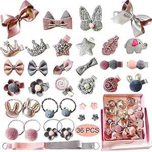 VIKIJO Little Girl Hair Clips Cute Hair Bows Baby Elastic Hair Ties Hair Accessories Ponytail Holder Hairpins Set For Baby Girls (36 PCS HAIR CLIP SET)