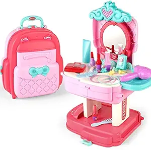 PETERSVILLE Kids 2 in 1 Beauty Makeup Pretend Play Set Fashion Set School Bag Toy, Gift for Girls 3-8 Year Old Kids