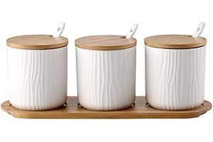 OnePine Set di 3 Zuccheriera, Zuccheriera in Ceramica Rotonda con Coperchio e Cucchiaio, Design Elegante, per Casa e Cucina