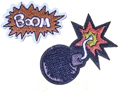 Boom Text & Exploding Boom (Set of 2) Iron on Sew on Embroidered Badge Applique Motif Patch From PatchWOW