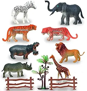 Set of 8 Big Size Full Action Toy Figure Jungle Cartoon Wild Animal Toys Figure Playing Set for Kids Current Animals Zebra Tiger Giraffe Elephant Leopard and Rhino Toys for Children