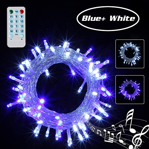 10M 100LED Cadena de Luces Exterior Impermeable Guirnaldas Luminosas de Ritmo Musical para Exterior, Interior, Jardines, Casas, Boda, Fiesta de Navidad(Azul + blanco)