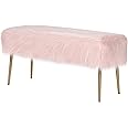 Multigot Faux Fur Ottoman Bench, Makeup Vanity Seat Stool with Golden Legs, Soft Upholstery Rectangular Footrest for Living Room Bedroom Entryway (Pink)