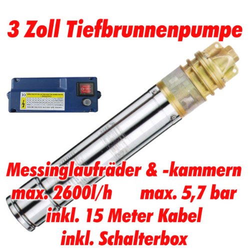 AT- 3" Brunnenpumpe 750W-1 mit 15 m Kabel Edelstahl-Tiefbrunnenpumpe mit Messing-Laufrädern und max: 5,7 bar, 3000l/h bei 7 m