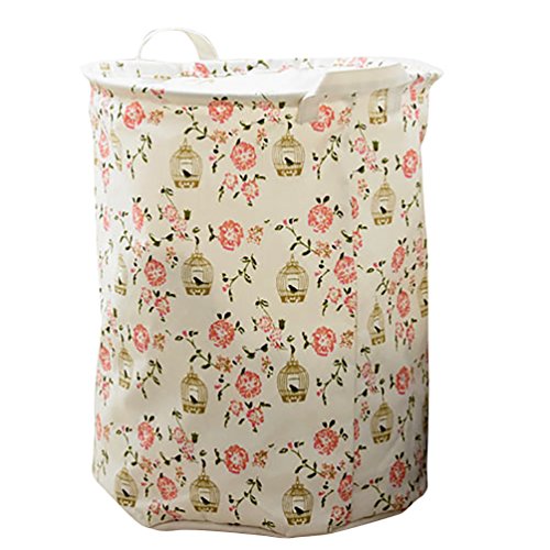 YOUJIA Klappbare Wäschekorb mit Blumenmuster, Wäschebox Wäschetonne aus Stoff Rund Wäschebehälter mit Deckel und Tragegriff Spielzeug Aufbewahrungsbox Household Aufbewahrung Pink