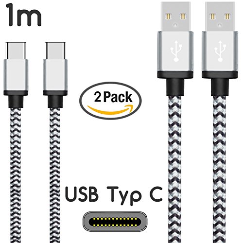Original COVERLOUNGE - Nylon USB Typ C Kabel [2-Pack] / Datenkabel / Ladekabel [2.1 A] für alle Huawei Smartphones mit USB Typ C Anschluss | Farbe: Weiß / Silber | Länge: 1 Meter / 1m