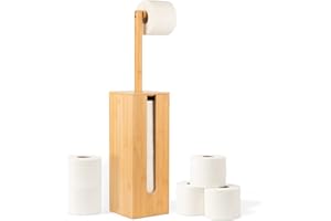 Rainsworth Stojak na papier toaletowy stojący bambusowy z miejscem do przechowywania 4 rolek, drewniany uchwyt na papier toaletowy 2 w 1, stojący z pokrywą i półką, przyjazny dla środowiska uchwyt na
