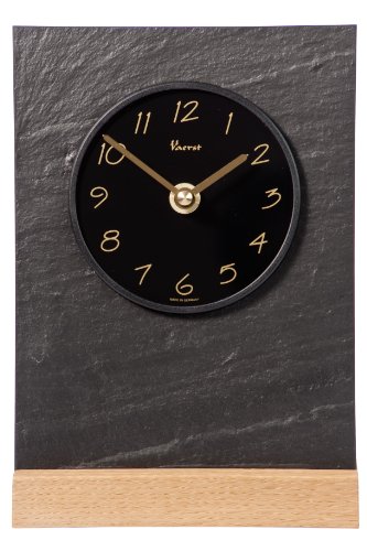 Vaerst 2773 Quartz Table Clock Natural Slate with Oak Base / Mineral Glass Clock Face Arabic Numbers