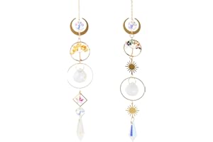FESSOSKO 2 Piezas Atrapasoles de Cristal, Colgante Vida Árbol Sol y Luna, Sun Catcher para Ventanas, Campanas Viento Cristal Atrapasueños, Decoración Hogar Jardín, Regalo Espiritual
