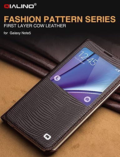Note 5 Smart Case,QIALINO Slim Flip Smart Cover Genuine Leather Case, with Smart View Winodw and Auto Sleep Wake-up Feature for Sumsung Galaxy note 5