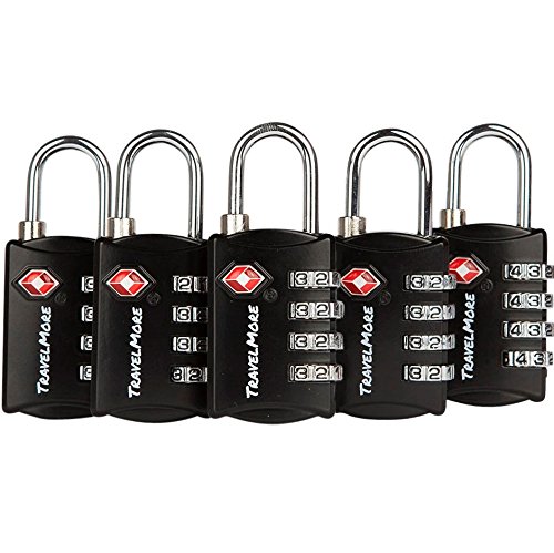 Pack de 5 cadenas de voyage TSA avec combinaison de 4 chiffres - Cadenas pour bagages, valises et sacs à dos - Noir