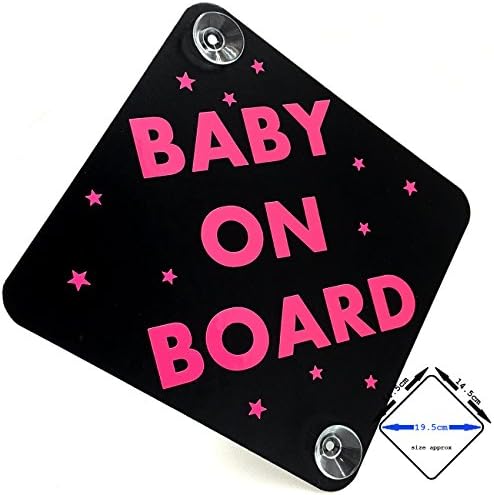BABY ON BOARD car sign with suction cups (SUPER BRIGHT - fluorescent pink / matt black)