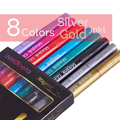 InnoBeta Magink metallic Marker Pens Weinglas-Marker, radierbar, ungiftig, schnelltrocknend, Alternative für Weinglasschmuck, Am besten für Küche und Lagerraum, Glas und Pflege, Abendessen, Party, Hochzeit, Banquette, Bälle, Bars, Zeremonie, etc, zu unterscheiden und DIY, pack of 8 - 2